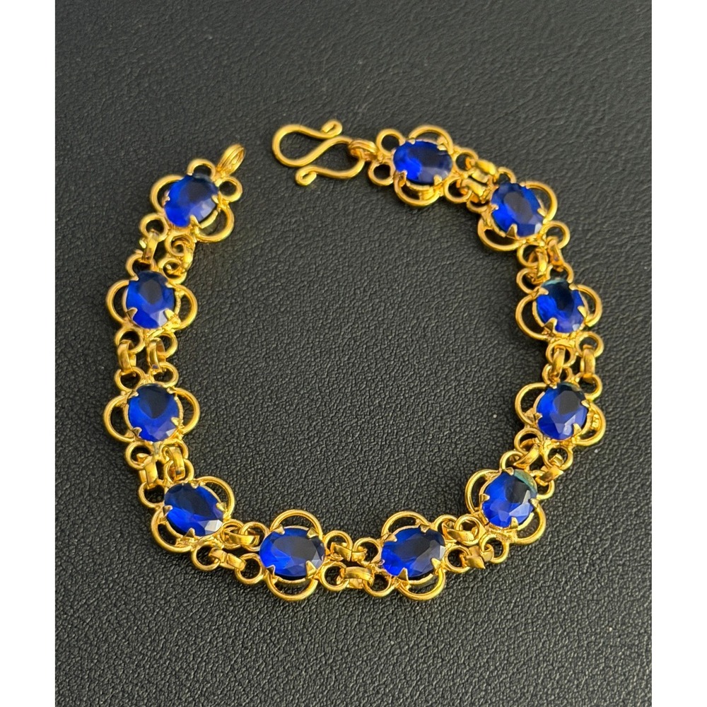 Vintage Rhinestone Link Bracelet Blue Gold Tone Chain Mail